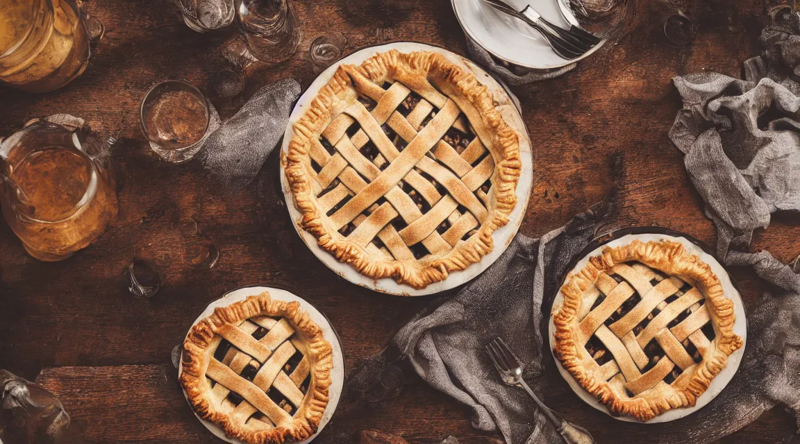 Image similar to photo of a delicious apple pie on a plate on the table of a rustic farmhouse in cornwall food photography, photorealistic, ultra realistic, maximum detail, recipes.com, epicurious, instagram 8k, volumetric light, cinematic, octane render