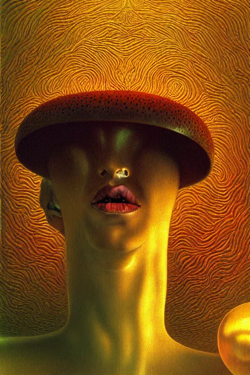 Image similar to art deco close up portait of mushroom head with big mouth surrounded by spheres, rain like a dream digital painting curvalinear clothing cinematic dramatic fluid lines otherworldly vaporwave interesting details epic composition by artgerm rutkowski moebius francis bacon gustav klimt
