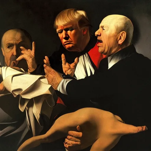 Image similar to the downfall of donald trump, by caravaggio,