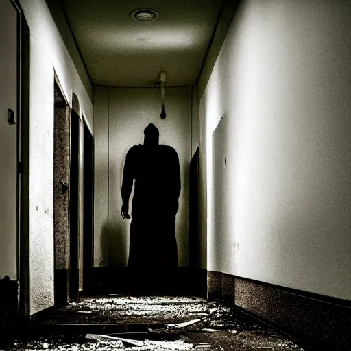 Prompt: a scary and grotesque monster lurking in an abandoned hospital hallway, grotesque, scary, dark, low lighting.