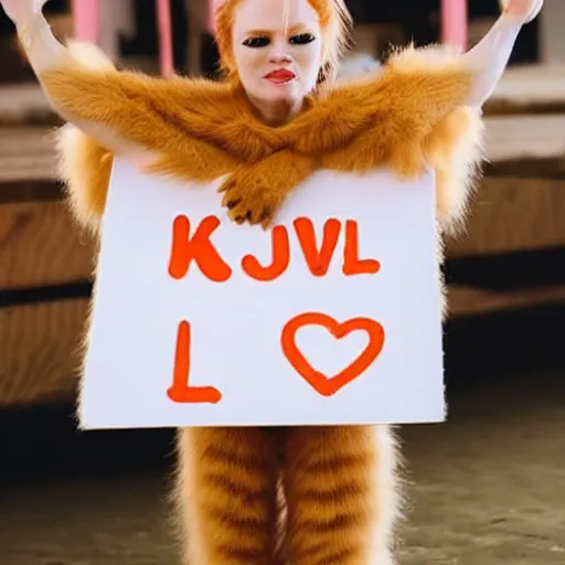 Prompt: cute fluffy orange tabby kitten with a sign that says