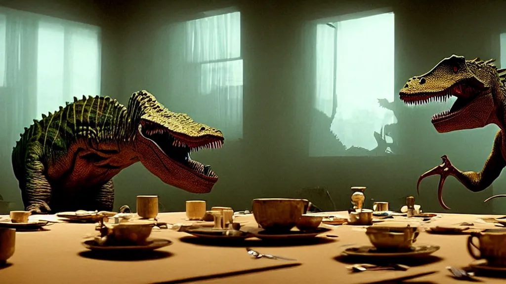 Image similar to the strange dinosaur sits at a table, film still from the movie directed by Denis Villeneuve with art direction by Salvador Dalí, long lens