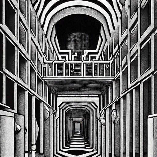 Image similar to a giant wolf in a huge bright maze of many doorways and lots of stairs, many doorways, inside MC Escher architecture, artstation, Junji Ito, epic composition