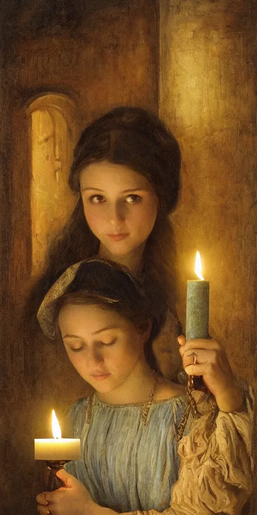 Image similar to Highly detailed and cinematic romantic period oil painting of a medieval peasant girl holding a candle, strong atmosphere, oil painting masterpiece by Josep Tapiró Baró, symmetry, fractals