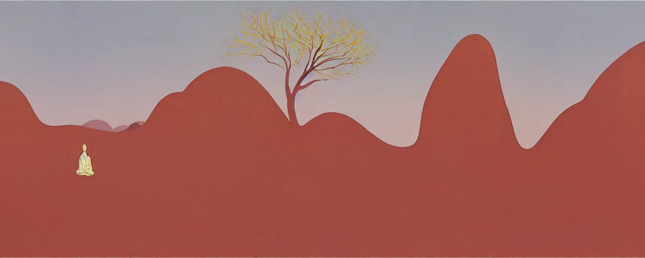 Image similar to deep golden sand desert, oasis, water lake, mirage, sand mists, red sandstone natural sculptures, desert flowers, subtle color variations, wind, a white robed benevolent magician clothed in a royal garment in contemplation meditating upon God, by Eyvind Earle and Mary Blair