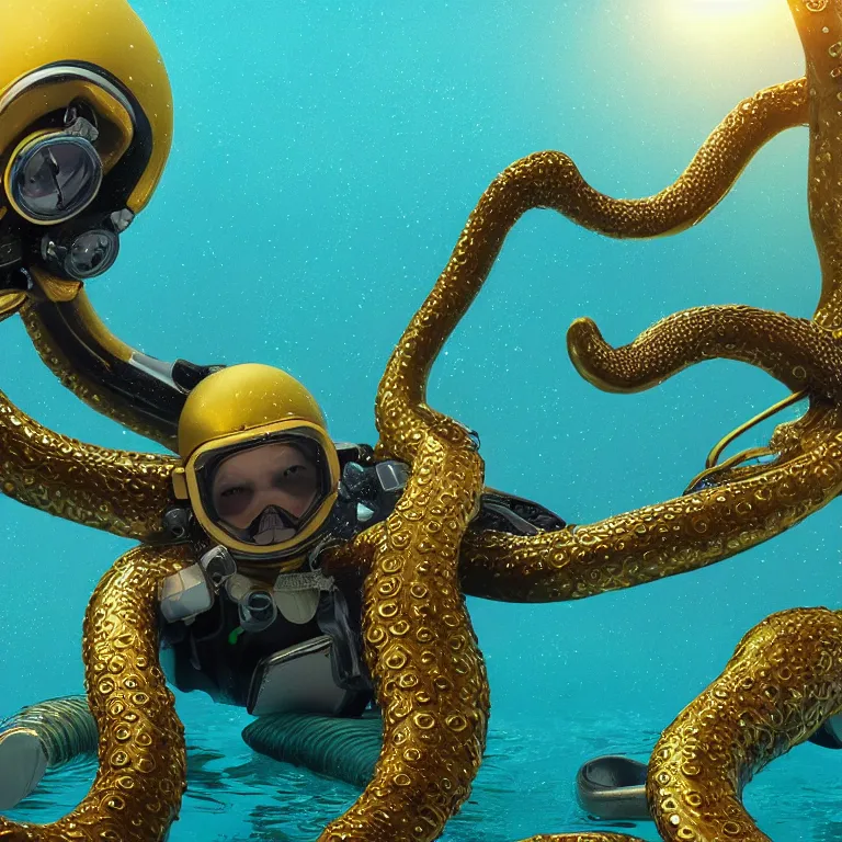 Image similar to octane render portrait by wayne barlow and carlo crivelli and glenn fabry, subject is a diver in a wet suit with goggles completely covered in giant long shiny reflective golden octopus tentacles, cinema 4 d, ray traced lighting, very short depth of field, bokeh