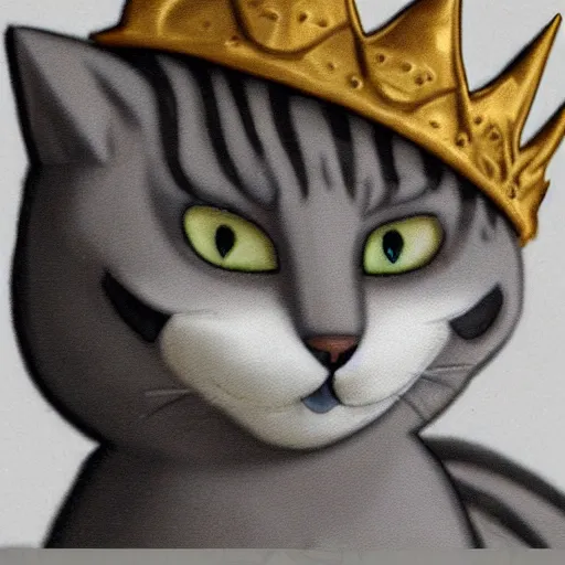 Image similar to gray anthropomorphic, cat female with a whit and chest, wearing a golden crown, big blue eyes, plushy