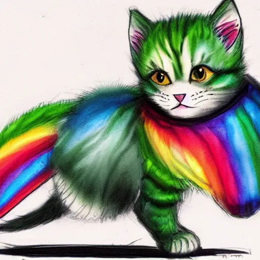 Image similar to wide angle full body, of a fluffy cute rainbow kitten wearing a black leather motorcycle jacket, concept art