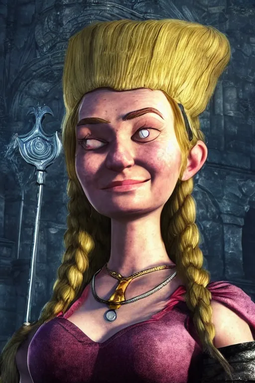 Image similar to “ helga from hey arnold on the cover of dark souls 3 ”