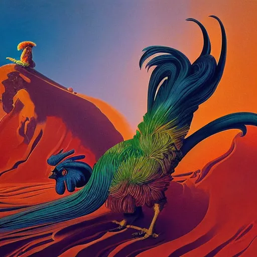 Prompt: colour portrait masterpiece photography of a rooster, coming out of a zipper by annie leibovitz, ultrawide angle, moebius, josh kirby, weird epic complex biomorphic 3 d fractal landscape in background by roger dean and syd mead and killian eng and james jean and giger and beksinski, greg hildebrandt, 8 k