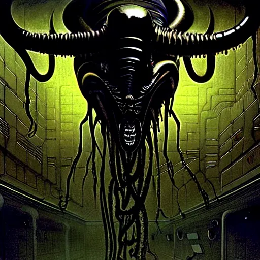 Image similar to black glossy xenomorph, alien movie, endless abandoned office cubicles, pale yellow wallpaper, moist brown carpet, dim fluorescent lighting, artstation, ultra detailed, creepy, dramatic lighting, photorealistic, art by h. r. giger and chris foss and beksinski carl spitzweg. baroque elements. baroque element. intricate artwork by caravaggio.