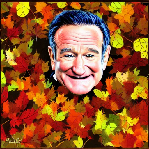 Prompt: robin williams smile. picture painting autumn leaves