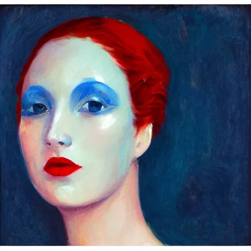 Image similar to Woman model appearance, flowers, Renaissance, red hair, coral lips, blue shadow, style Edward Hopper