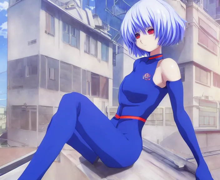 Image similar to anime art, fullbody shot of female rei ayanami, evangelion, long blue hair and large eyes, finely detailed perfect face, in a pale skintight plugsuit, sitting on rooftop, flooded city, trending on pixiv fanbox, by ilya kuvshinov, sola digital arts,, raytracing