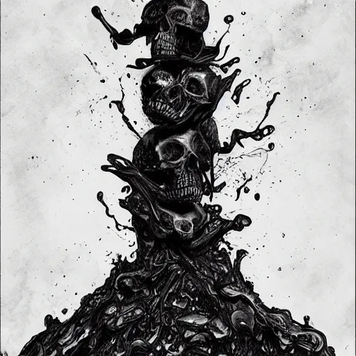 Prompt: vertical pile of melting skull disgorging black tar, android jones