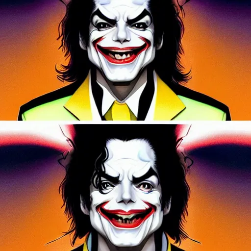 Image similar to michael jackson as the joker laugh on camera. symmetrical anatomy, hyperdetailed, coloured comic, baroque, pop punk art style, fantasy, without duplication, art by artgerm and ilya kuvshinov and vinicius gud and gustavo zambelli, intricate.