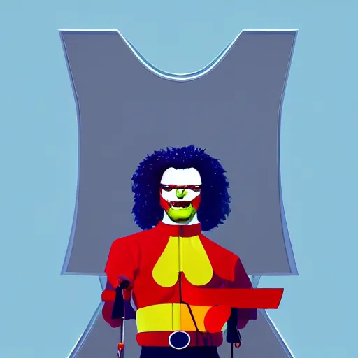 Image similar to cyberpunk ronald mcdonald as the leader of a futuristic communist nation, cybernetics, sharp lines, digital, artstation, colored in