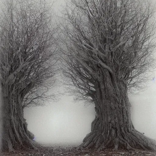 Prompt: down the foggy ruins of time far past the frozen leaves the haunted frightened trees out to the windy beach, alan lee, felix kelly