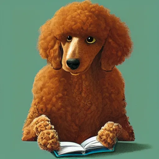 Image similar to “portrait of a poodle reading a book, artstation, high detailed”