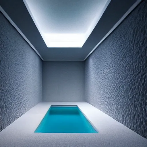 Image similar to an underground pool in an all white room with a low rounded textured ceiling, surreal, liminal, dreamlike, photo, dark, dim lighting