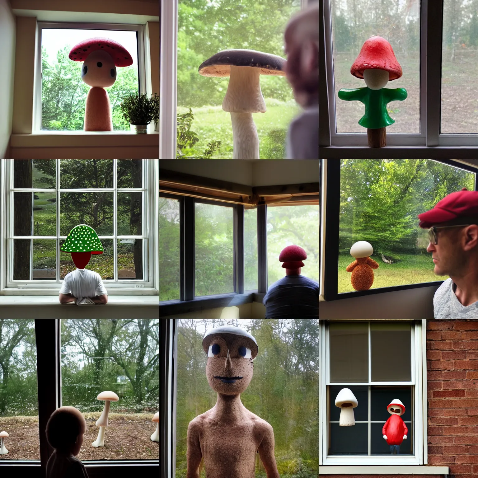 Prompt: mushroom man outside the window staring in