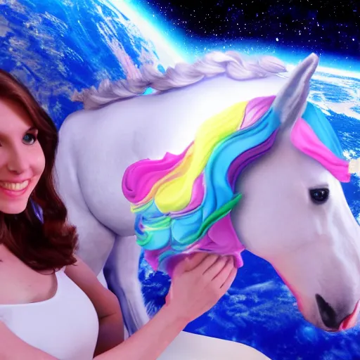 Prompt: amouranth riding a unicorn in space