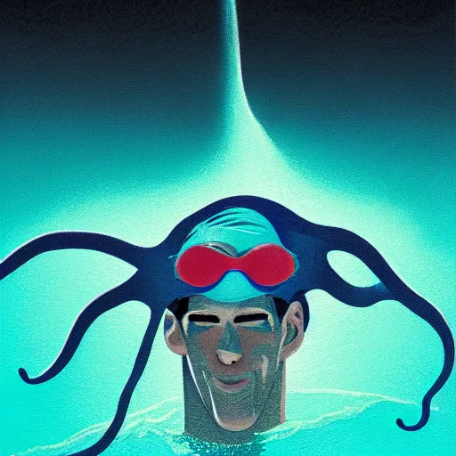 Image similar to michael phelps swimming away from a turquoise squid in the pacific ocean, closeup, portrait, moonlit, dark, ominous, illustration, volumetric light, highly detailed