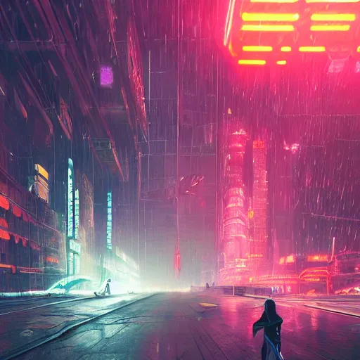 Prompt: a cyberpunk heroine flying through the skies of a glowing neon metropolis in the rain. Drones fly through the air beside her, and they're connected to the woman via glowing cords and beams of pure light. Heroic art by Jan Urschel, Greg Rutkowski, and peter morbracher. Scifi, high-detail, crisp, 8k