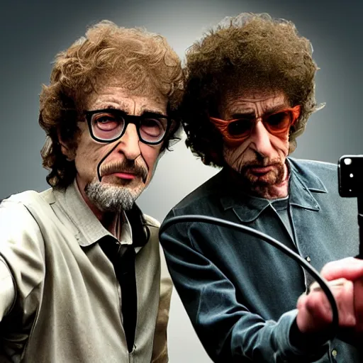 Image similar to gordon freeman and bob dylan taking a selfie together, realistic, hyperrealistic, ultra realistic, real, real world, highly detailed, very detailed, extremely detailed, intricate details, 8 k resolution, hd quality, selfie, low quality, blurry