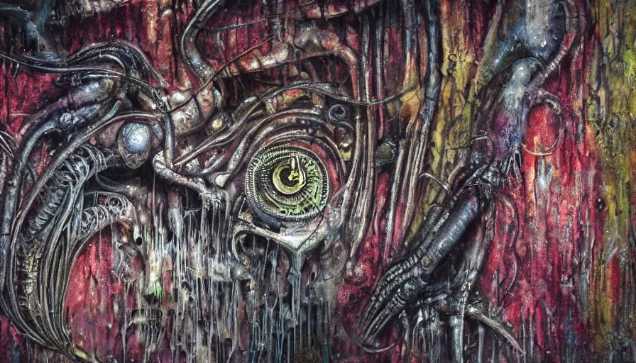 Prompt: h. r. giger, sorrow intense likely, acid bleeding deep colors, sense of decay given, throw into the abyssal despair, various refining techniques, micro macro auto focus