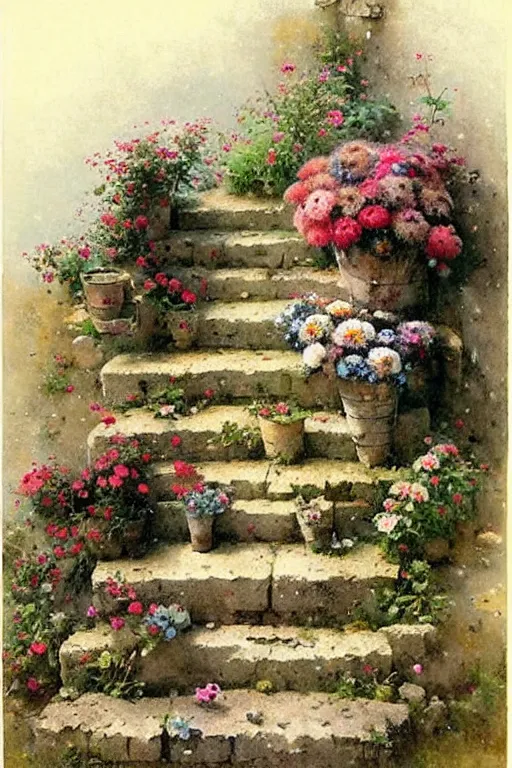 Image similar to ( ( ( ( ( 1 9 5 0 s retro future cottage stone steps and flowers. muted colors. childrens layout, ) ) ) ) ) by jean - baptiste monge,!!!!!!!!!!!!!!!!!!!!!!!!!