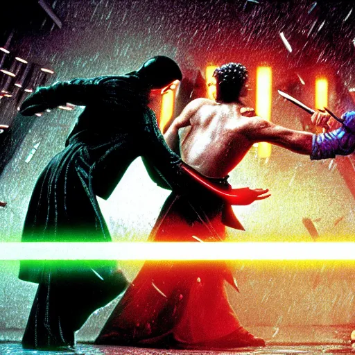 Prompt: the iconic matrix fight between neo and jar jar binks in the rain