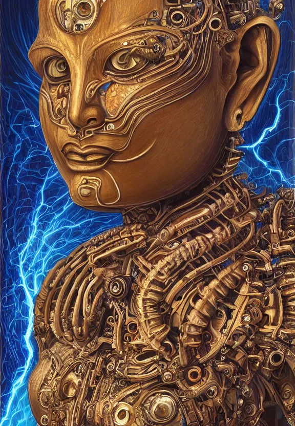 Image similar to perfectly centered portrait, front view of a beautiful biomechanical cyberpunk alien android robot buddha, female, flowing hair, intense stare, sarcastic smile, symmetrical, concept art, intricate detail, volumetric shadows and lighting, realistic oil painting by alex grey and h. r giger,