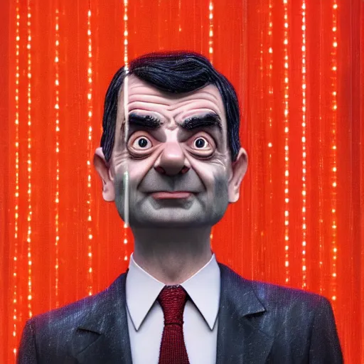 Image similar to a mr bean portrait, rain, neon, beautiful, rendered in octane, unreal engine, cinematic