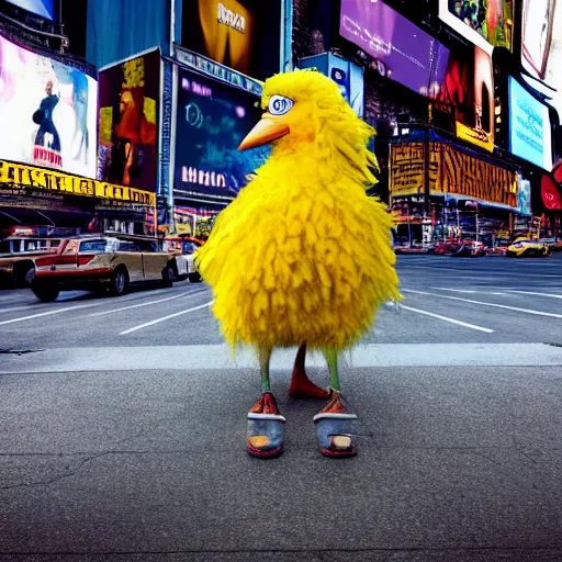 Prompt: big bird as a homeless hooker begging for fentanyl in times square, ultra detailed, 8 k, photorealism, rule of thirds, octane render, cosplay, cinematic lighting.