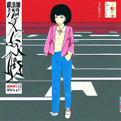 Prompt: album - cover of a 1 9 8 0 s japanese city - pop record featuring an anime illustration by mizucat. cute stylish woman ; sports car ; neon ; urban summer drive.