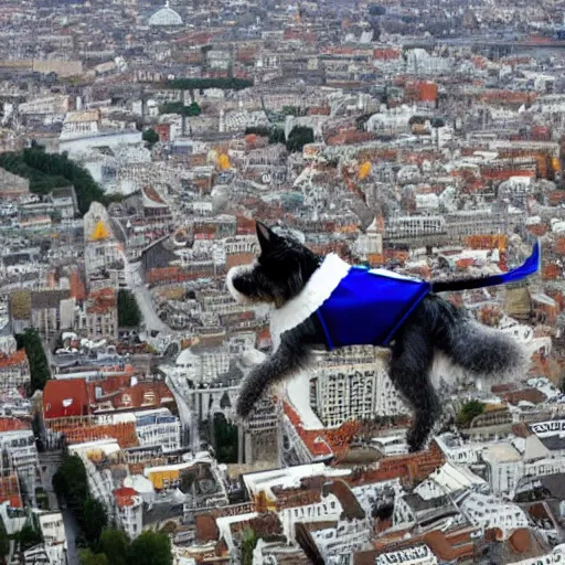 Image similar to a zwerg schnauzer flies over the city in a super cape