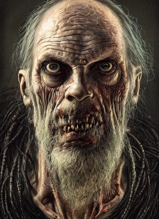 Prompt: portrait of a 6 0 year old giant man zombie with long tattered tangles of thinning black hair, eerie glowing eyes, wall hanging trophy taxidermy, hyper realistic head, fantasy art, in the style of greg rutkowski, zdizslaw beksinski, intricate, alphonse mucha, hyper detailed, smooth