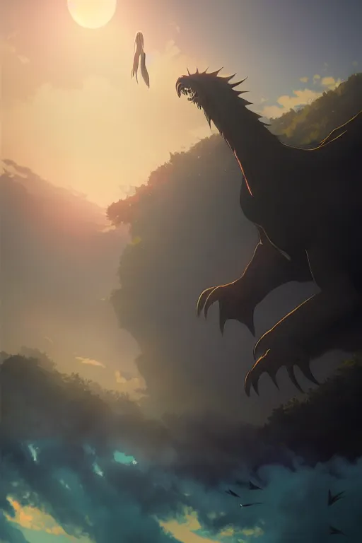 Image similar to a large creature hybrid kaiju, large fangs and a long beak, stepping out of the fog high in the sky near a small cliff, sunset, backlit, by makoto shinkai an krenz cushart