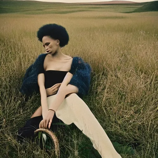 Prompt: realistic!!! photoshoot for a new dior lookbook, color film photography, portrait of a beautiful woman, location on a open field, in style of tyler mitchell, 35mm