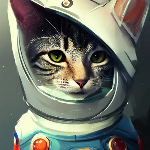 Image similar to head and shoulders masterpiece portrait of a cute adorable cat wearing a spacesuit, surreal background, digital art by krenz cushart, trending on artstation, cgsociety,