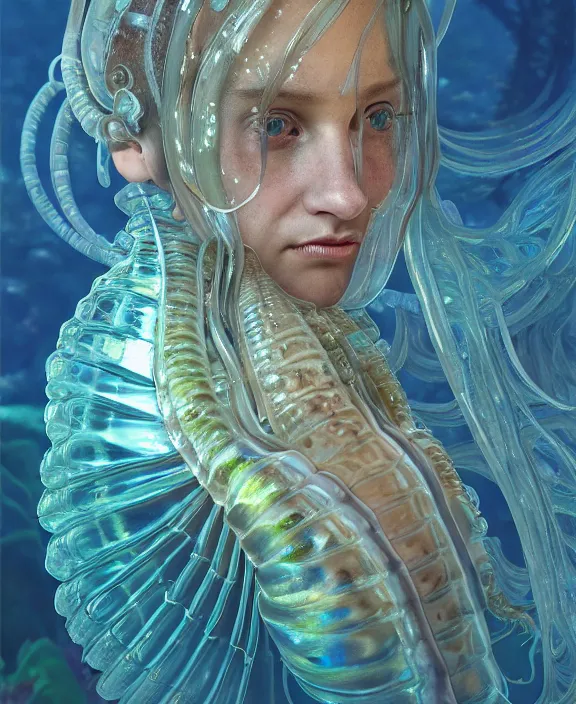 Prompt: intricate opulent transparent clear see - through portrait of a terrifying beautiful male human isopod sea slug, mottled coloring, adorable, childlike, overgrown retrofuturistic jungle environment, ultra realistic, concept art, art nouveau, photorealistic, octane render, 8 k, unreal engine. art by christopher marley and artgerm and greg rutkowski and alphonse mucha