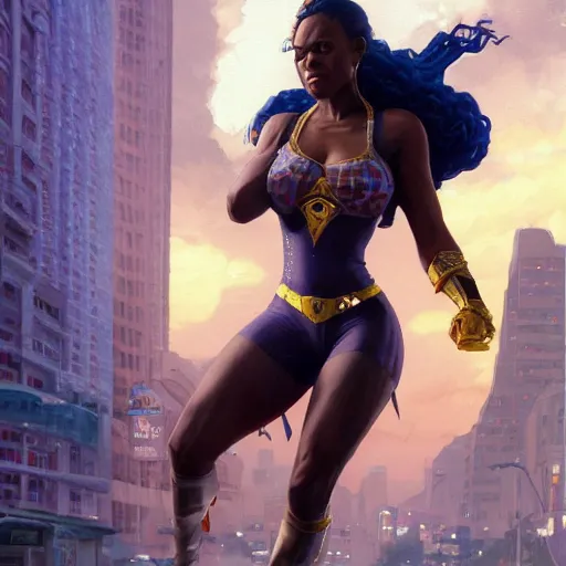 Image similar to highly detailed portrait of an african american woman in superhero costume in gta v, stephen bliss, unreal engine, fantasy art by greg rutkowski, loish, rhads, ferdinand knab, makoto shinkai and lois van baarle, ilya kuvshinov, rossdraws, tom bagshaw, global illumination, radiant light, detailed and intricate environment