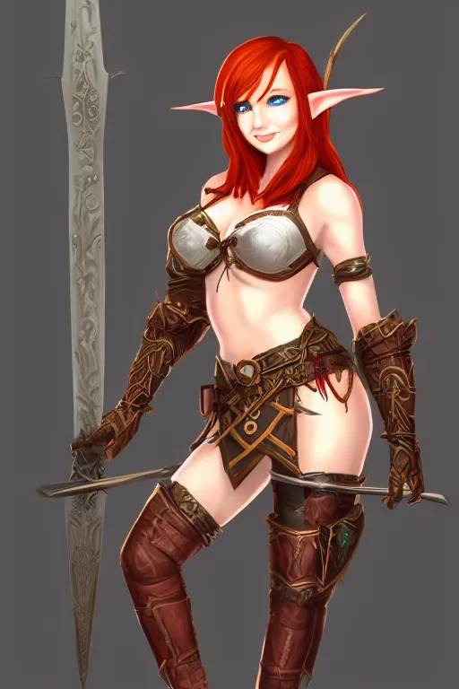 Image similar to Full picture of Redhead elf archer, high fantasy, ornamental bow, full leather armor, trending on artstation, artstationhd, safebooru, HD