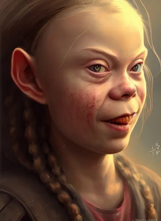 Image similar to portrait of greta thunberg as a medieval goblin girl, beautiful face, hyper realistic, highly detailed, digital painting, artstation, illustration, concept art by hyung tae and frank frazetta, digital paint, matte paint, washed colors, dark, gloomy