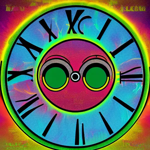 Image similar to a clock with eyes psychedelic rock album neon cover