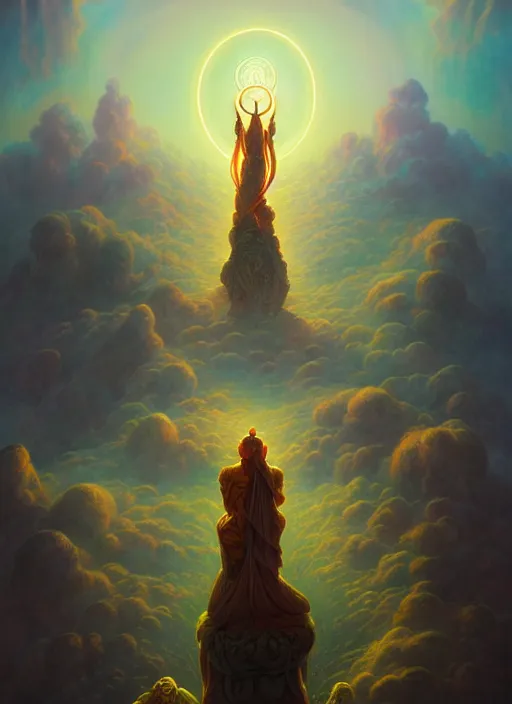 Image similar to a gigantic deity looking down on a man standing in front of her, in the style of tomasz alen kopera and fenghua zhong and peter mohrbacher, mystical colors, rim light, beautiful lighting, 8 k, stunning scene, raytracing, octane, trending on artstation