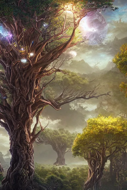 Image similar to tree of life, four seasons, volymetric light, highly detailed matte painting by ohrai, charlie bowater and mark brooks