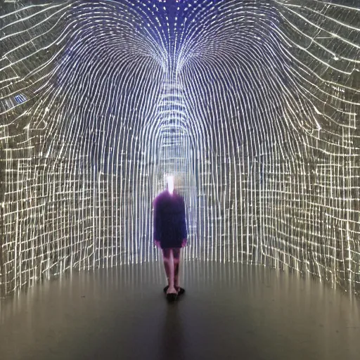 Prompt: a woman standing in front of a light sculpture, a hologram by bruce munro, featured on tumblr, interactive art, hall of mirrors, tesseract, futuristic