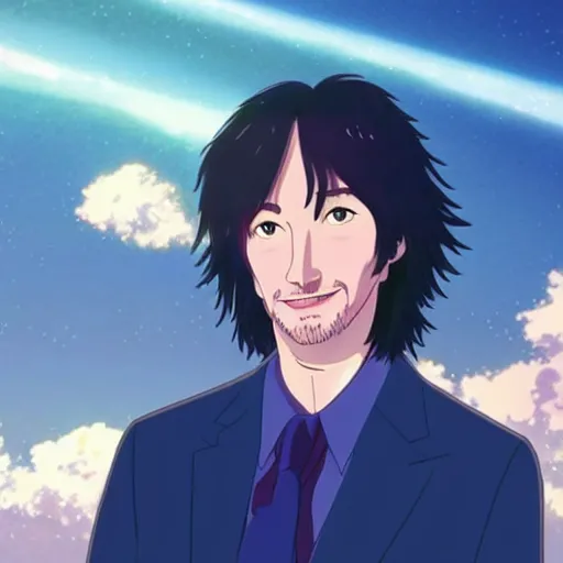 Image similar to Animation of Keanu Reeves in Kimi No Na Wa, Your Name, Matoko Shinkai, beautiful, anime, colorful, animation, CoMix Wave Films